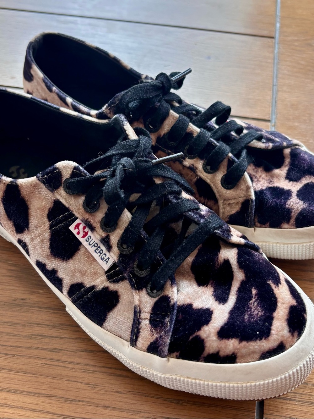 Superga Women's Leopard Print Velvet Sneakers in Black and Tan